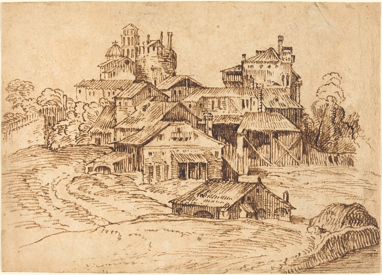 View of an Italian Town (after Titian or Domenico Campagnola) by Bolognese 17th Century