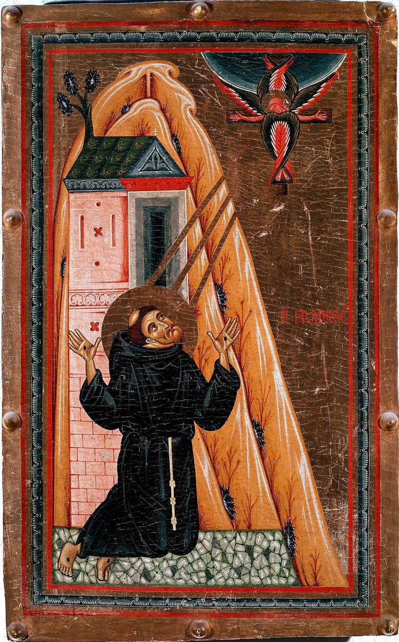 Life of Saint Francis of Assisi: Saint Francis receiving stigmas, Jesus Christ crucified appears to him as a seraphim by Bonaventura Berlinghieri