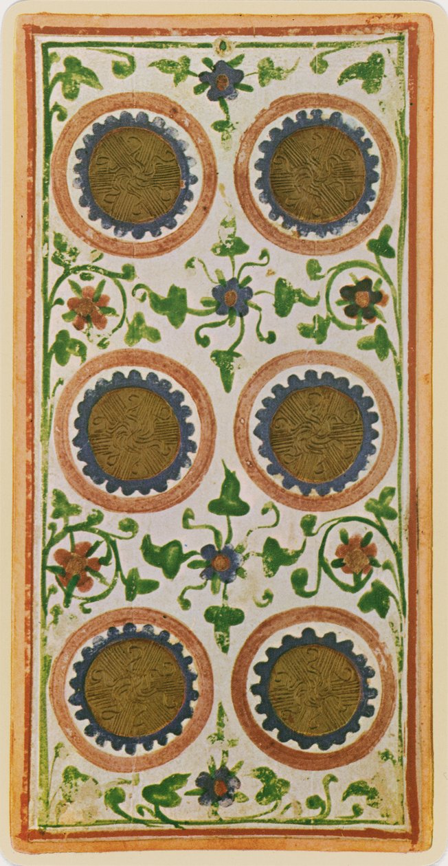 The Six of Coins, facsimile of a tarot card from the 