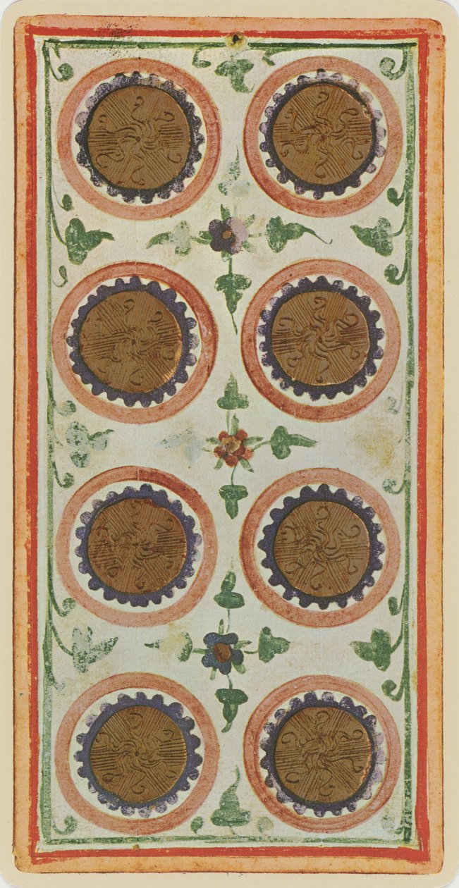 The Eight of Coins, facsimile of a tarot card from the 