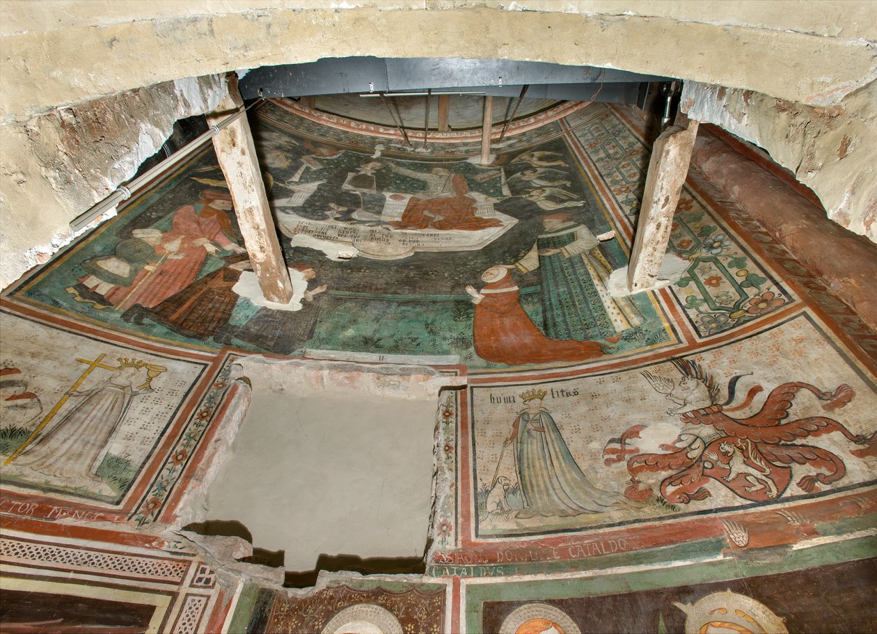 North Transept, Altar of St. Michael the Archangel, Behind the Altarpiece the Frescoes of Bonifacio Bembo, Virtue Faith and Humility, Coronation of the Virgin and Christ surrounded by Angels by Bonifacio Bembo