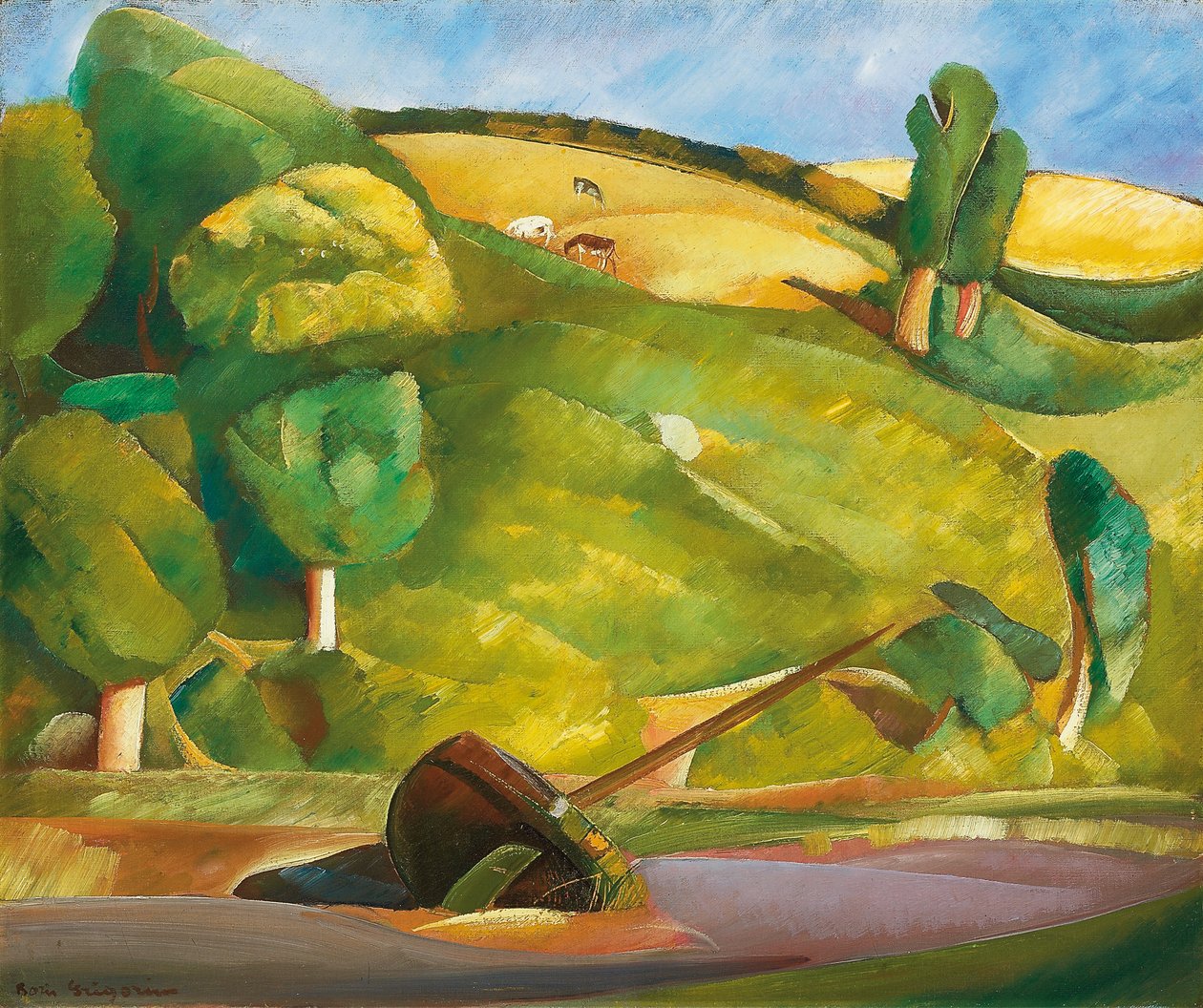 Sailing Boat in a Cubist Landscape by Boris Dmitrievich Grigoriev