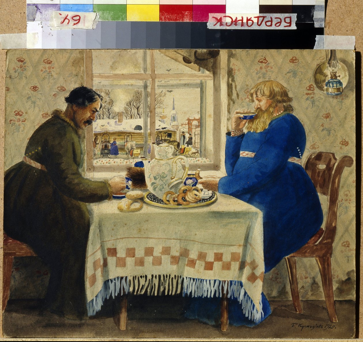 The Coachmen. Two men eating cakes and buns while drinking tea. By the window, carriages and sleds are lined up in the yard. Work by Boris Michaylovich Kustodiev (1878-1927) by Boris Mikhailovich Kustodiev
