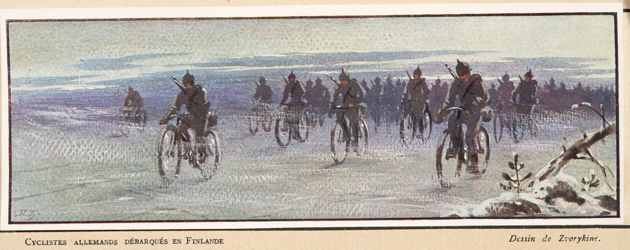 German Cyclists Arriving in Finland, from Histoire des Soviets, pub. 1922 by Boris Vasilievich Zvorykin