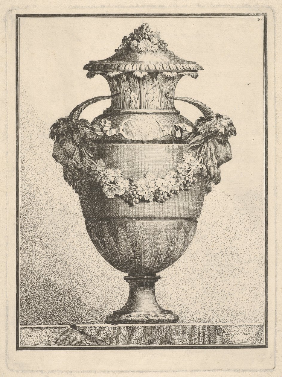 Design for a covered vase with two goat heads and a garland, 1764 by Bossi