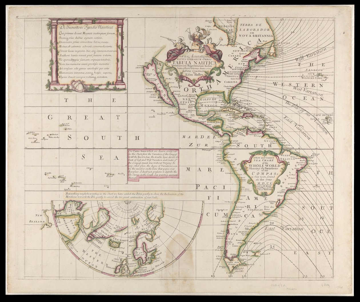 A new and correct sea chart of the whole world showing the variations of the compass as they were found in the year 1700 by British School