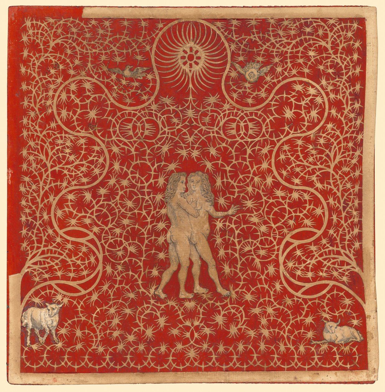 Adam and Eve in the Garden with Two Sheep and Two Doves by British School
