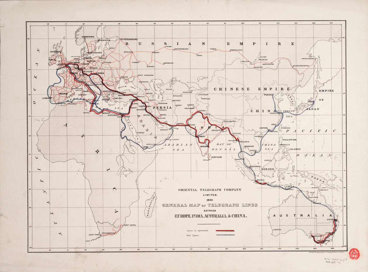 General Map of Telegraph Lines Between Europe, India, Australia, and China by British School