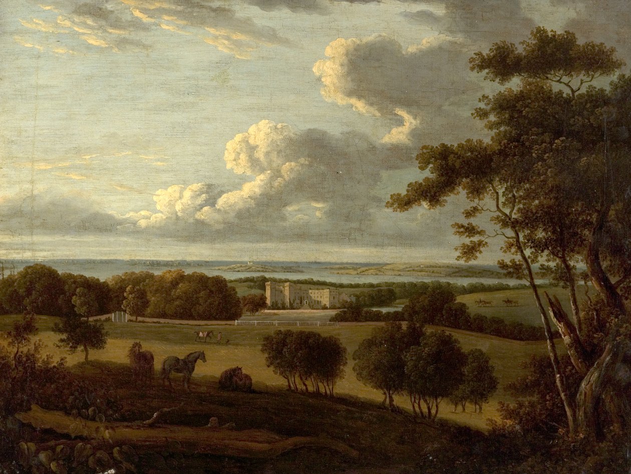Landscape near the Coast (view of a mansion with the sea in the distance) by British School