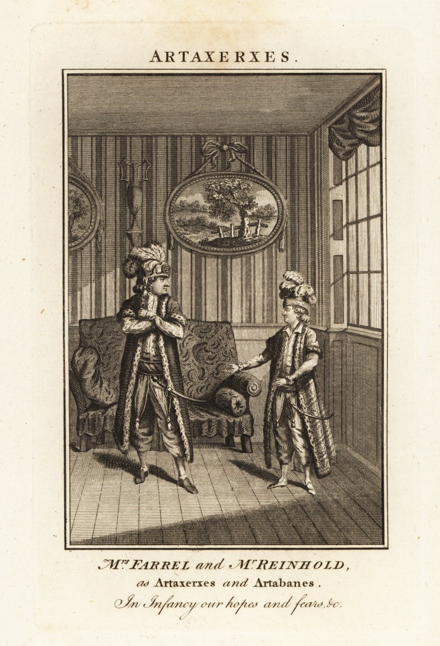 Margaret Farrel and Charles Frederick Reinhold in Persian costume as Artaxerxes and Artabanes in Thomas Arne