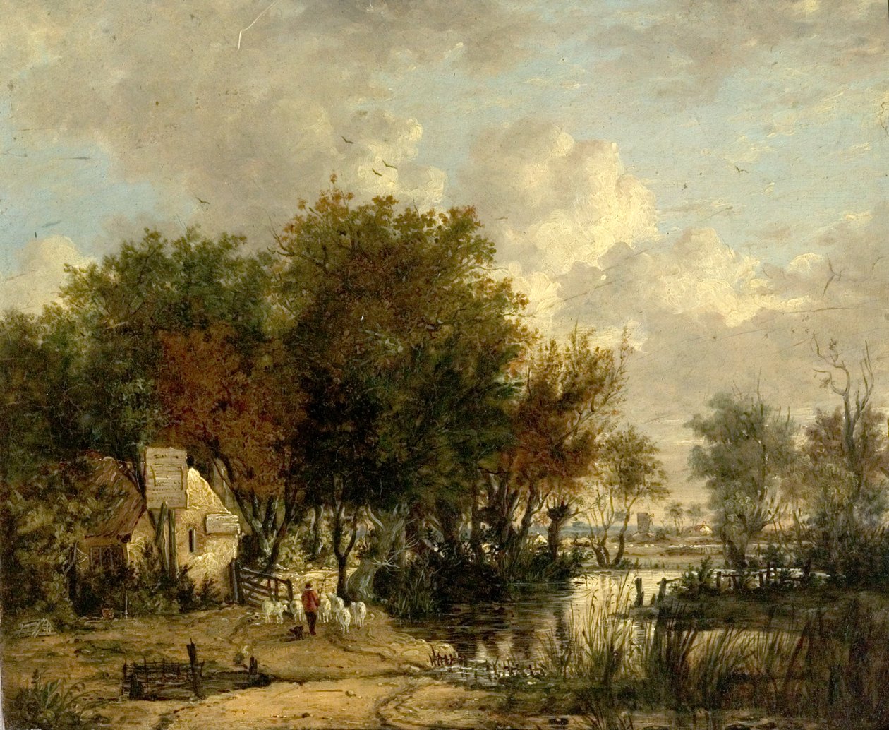 River Scene, Boy Driving Sheep by British School