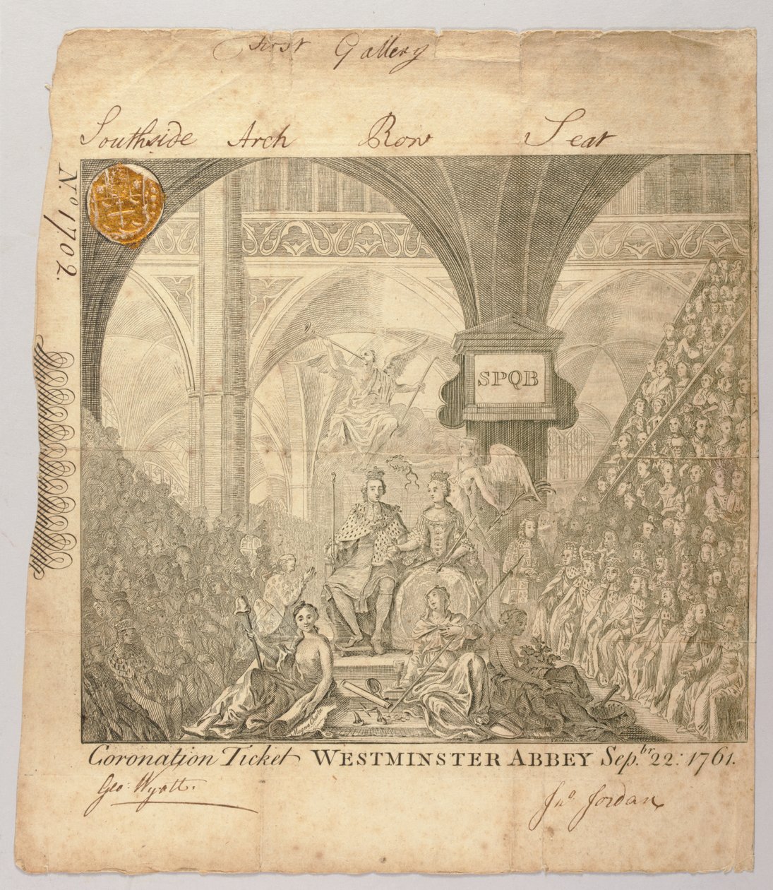 Ticket for the Coronation Ceremony of George III in Westminster Abbey, engraved by George Bickham, 22 September 1761 by British School