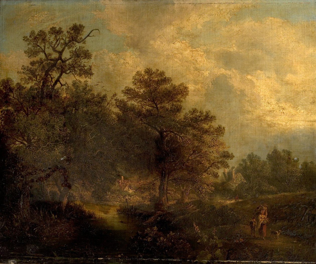 Woodland Scene with Stream and Cottages by British School