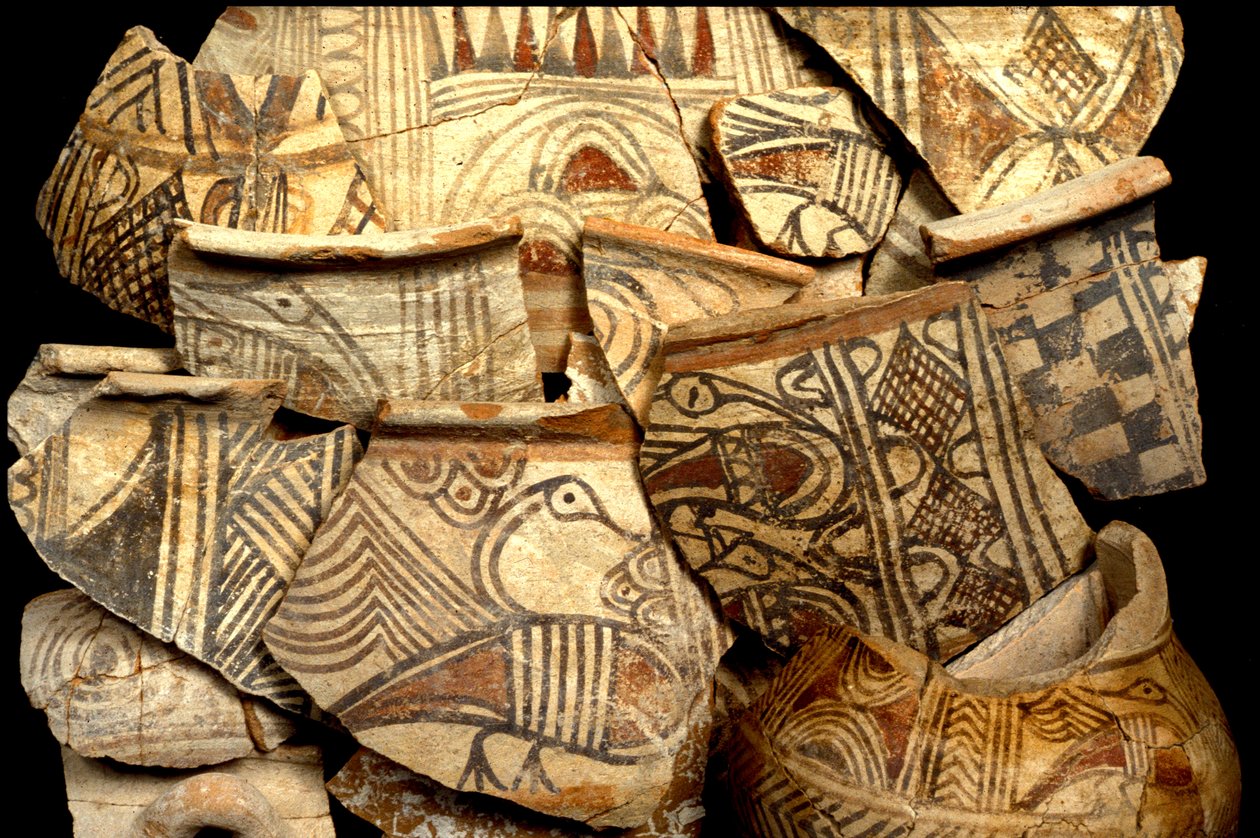 Philistine pottery decorated with typical colour designs of fish and birds, from Tel Kasil, Israel, c.1099-900 BC by Bronze Age