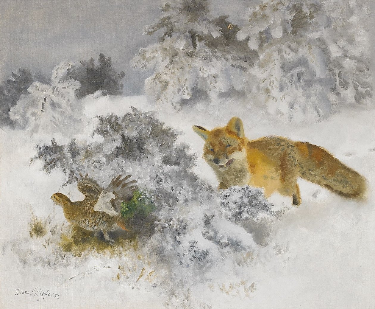 Fox and Black Grouse Hen in Winter Landscape by Bruno Andreas Liljefors