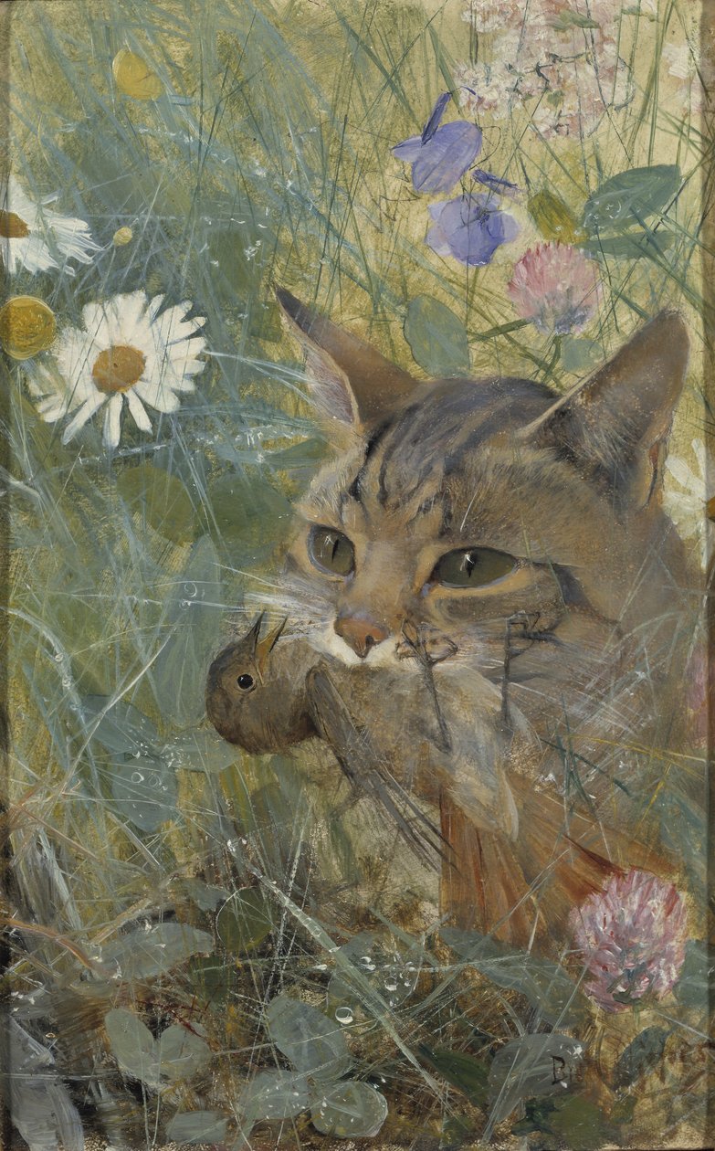 A Cat with a Young Bird in its Mouth by Bruno Andreas Liljefors