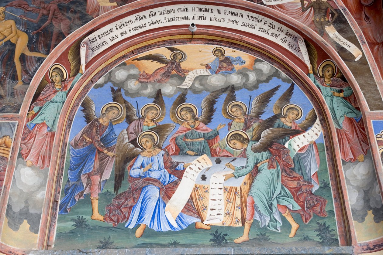 Bulgaria, Rila Monastery, Angel Fresco at Church of Nativity of Virgin by Bulgarian School