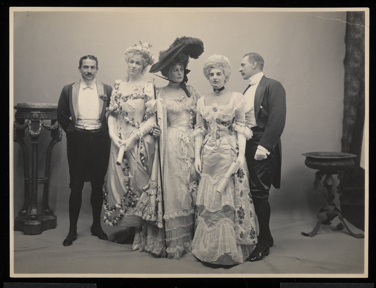 Group Portrait of Mr. Barton Willing, Miss Alice Blight, Miss Eleanor Jay (Mrs. Arthur Iselin), Miss Therese Iselin and Another Man at the James Hazen Hyde Ball, New York, January 31, 1905 by Byron Company