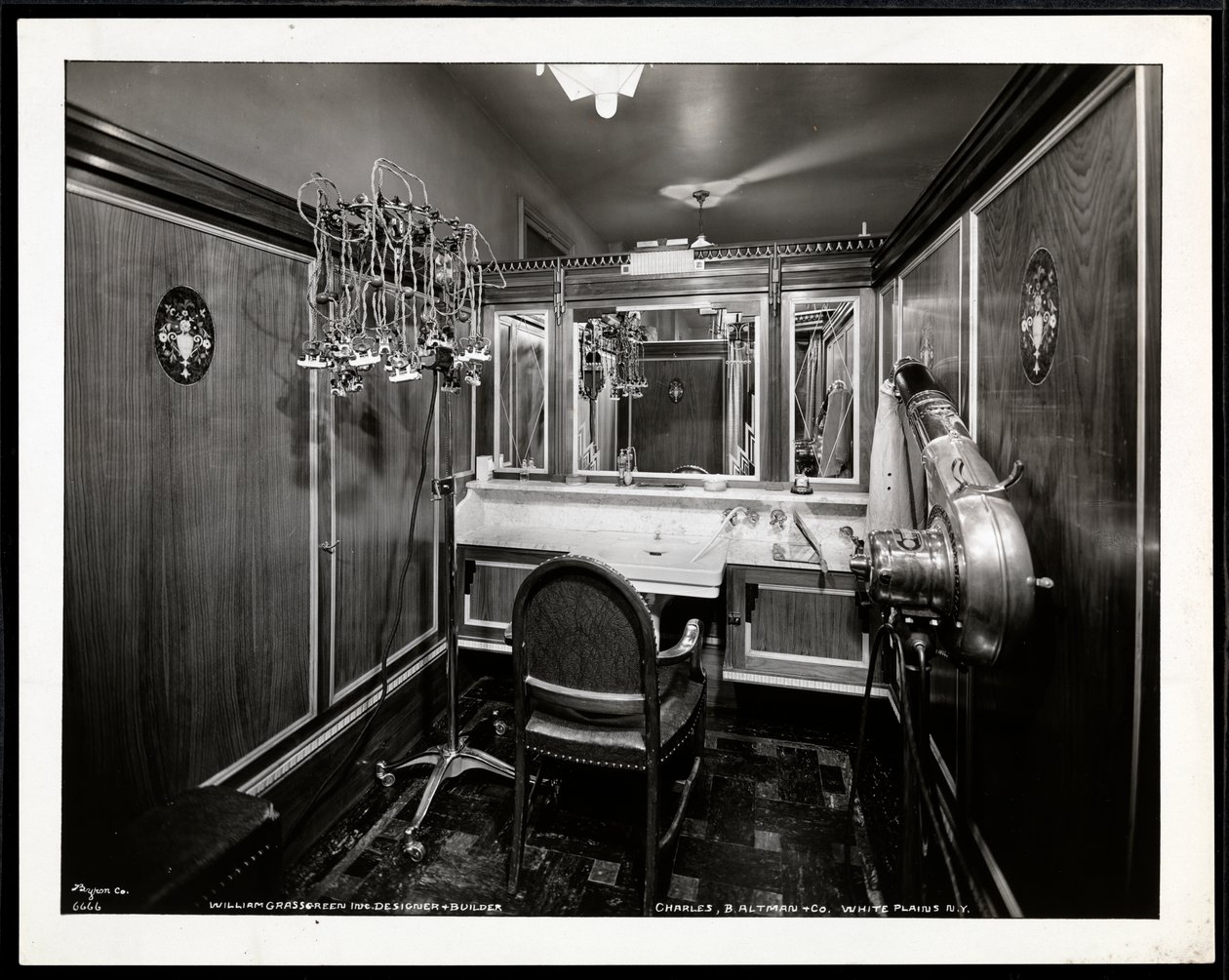 Interior view of a hairdressing booth at the Charles of the Ritz beauty salon at B. Altman und Co. by Byron Company