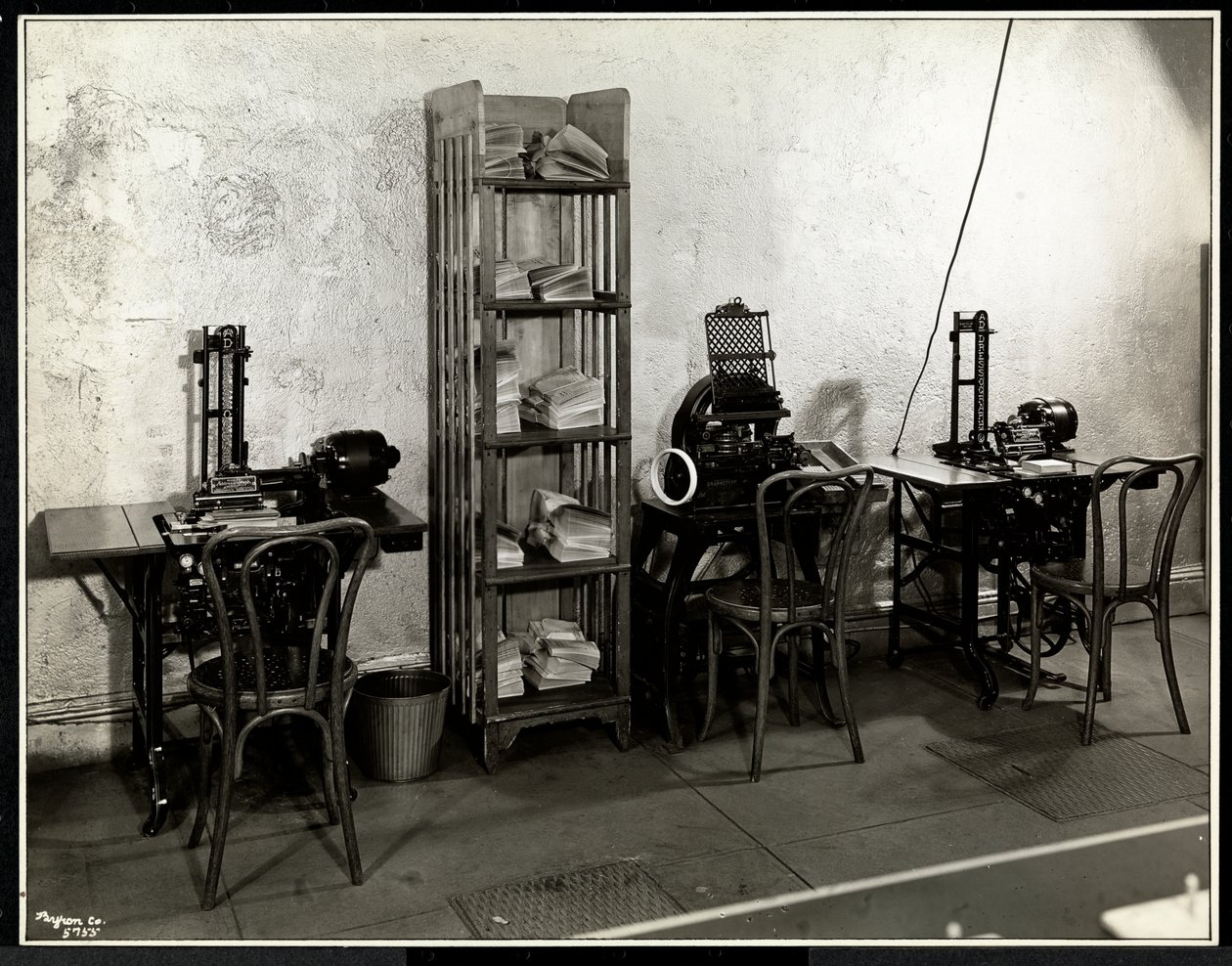 Three addressing machines in the office of the Carolyn Laundry at 111 East 128th Street, East Harlem, New York by Byron Company