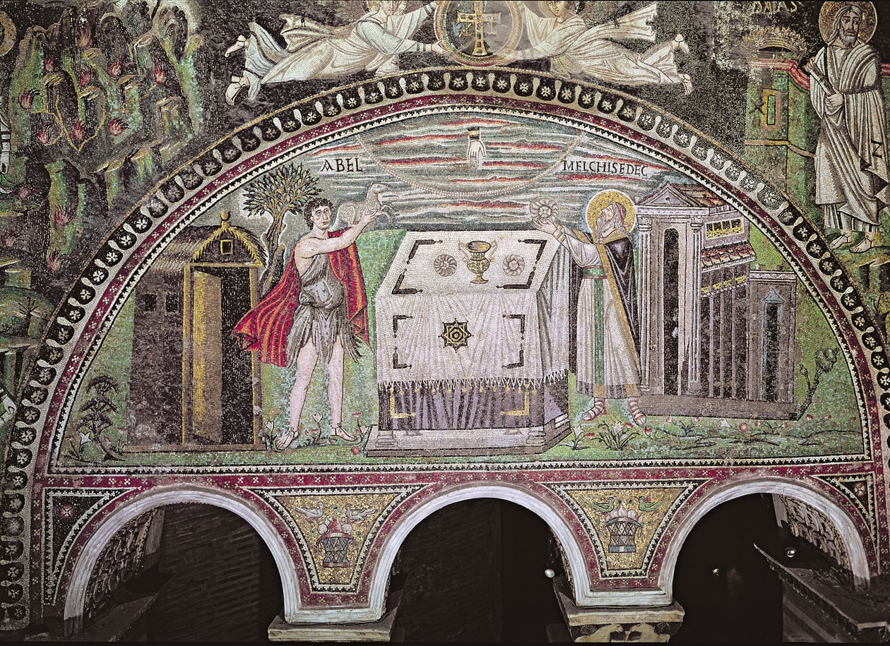 Abel Offering a Lamb and Melchisedech Offering Bread at the Altar, Lunette on the South Wall of the Basilica by Byzantine School