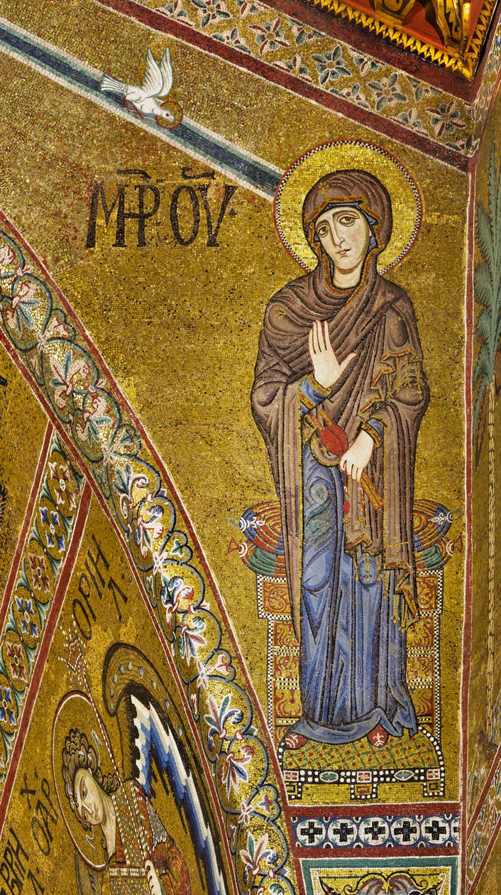 Announciate Virgin, Byzantine mosaic with a golden background in the tympanum of the apse by Byzantine