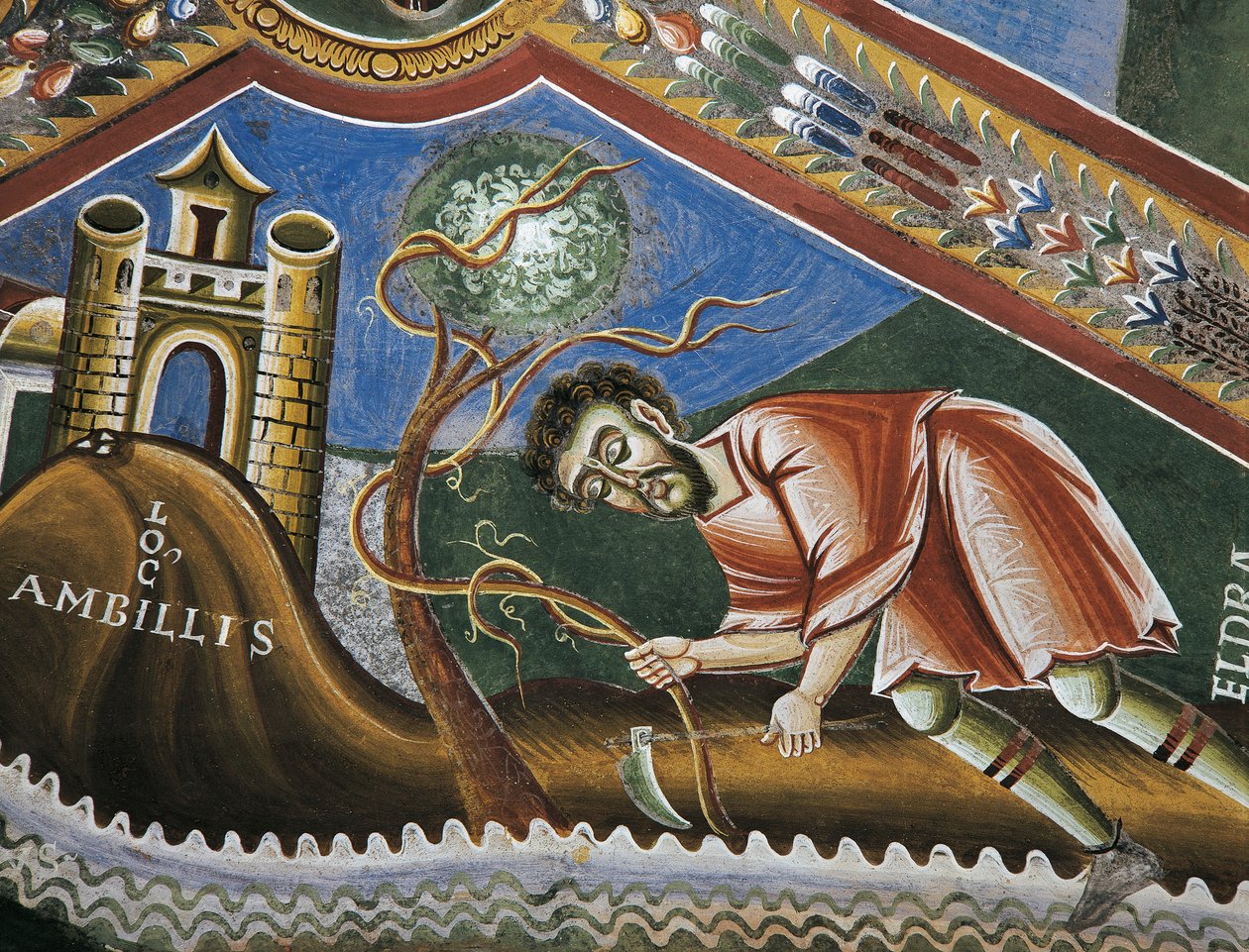 Eldrad tilling soil at Ambilly, Provence (detail), Stories of life of Saint Eldrad, Romanesque frescoes, Chapel of Saint Eldrad and Saint Nicholas, Novalesa Abbey, Piedmont, Italy (late 11th century) by Byzantine