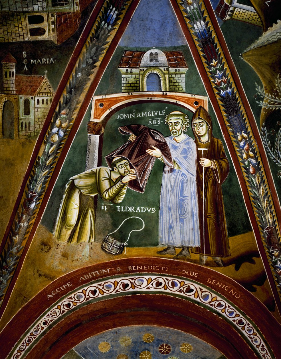 St Nicola, stories of life of St Eldrad and St Nicholas, St Eldrado turned towards St James of Compostela: receiving a monastic habit from Abbot of Novalesa (detail) by Byzantine