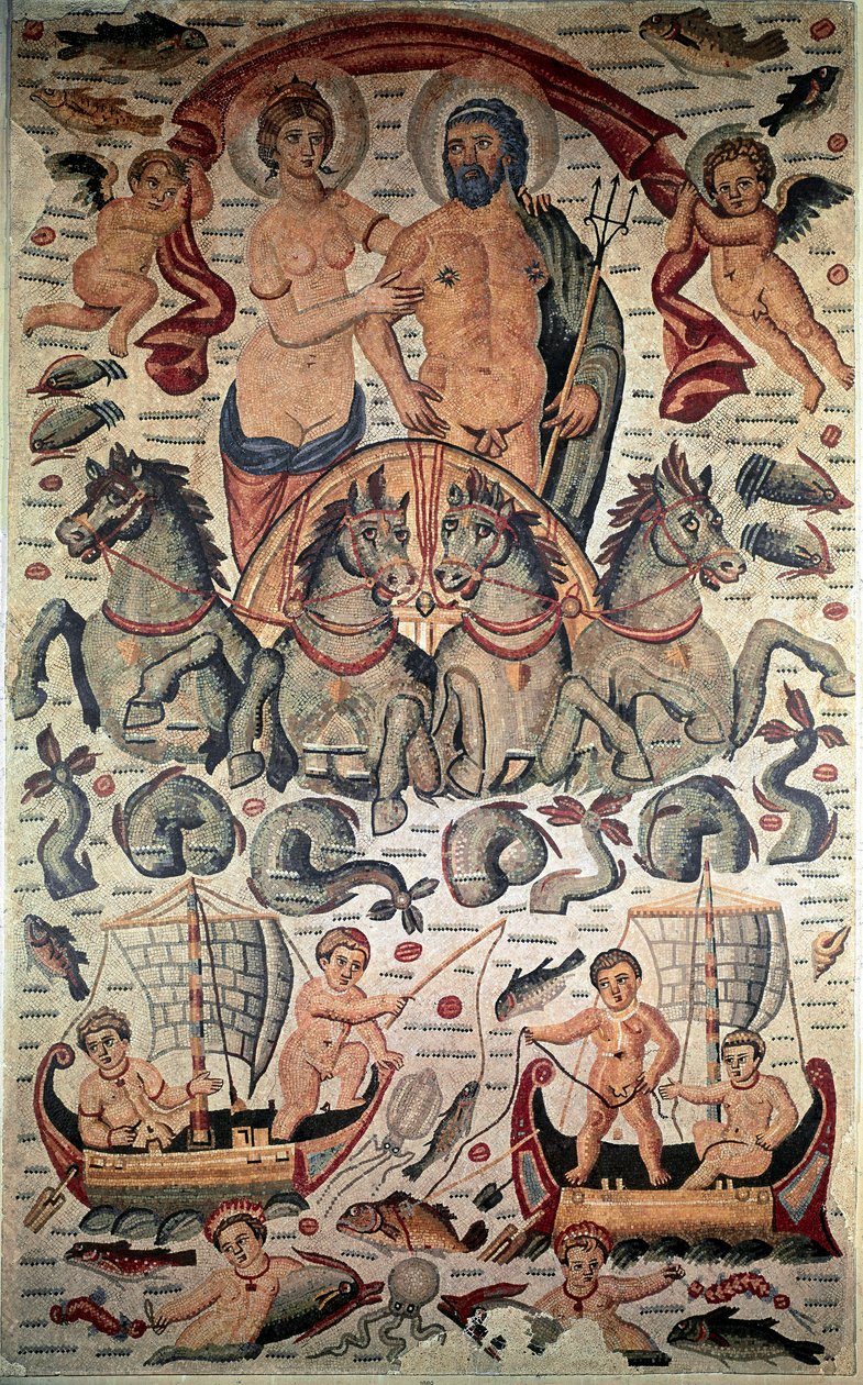 Byzantine Art: Triumph of Neptune and Amphitrite. Neptune and Amphitrite Naked on a Chariot Pulled by Four Sea Horses. Mosaic of the 3rd Century by Byzantine Byzantine