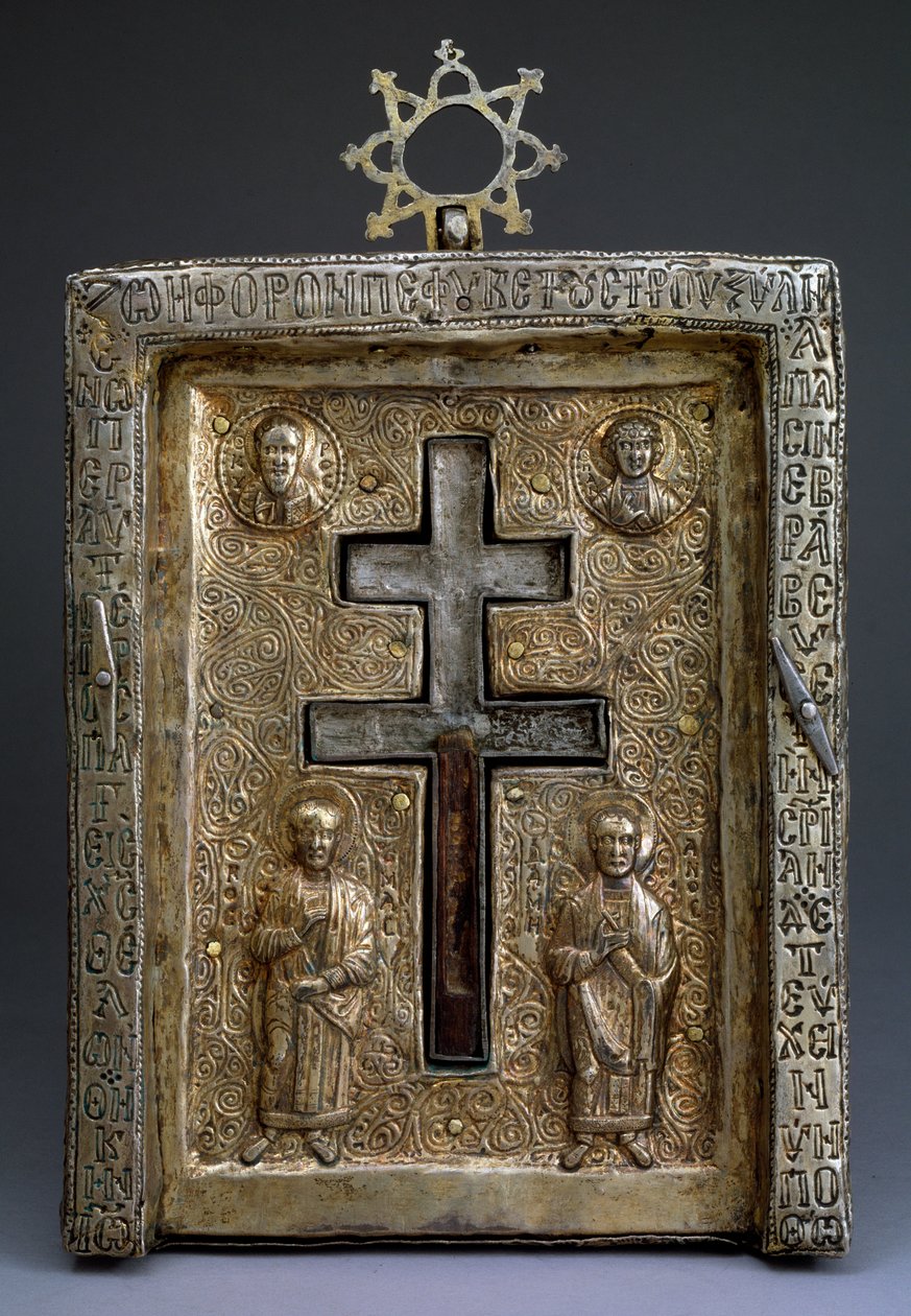 Gilded Silver Staurothek Cross Reliquary, Byzantine, 12th Century by Byzantine Byzantine