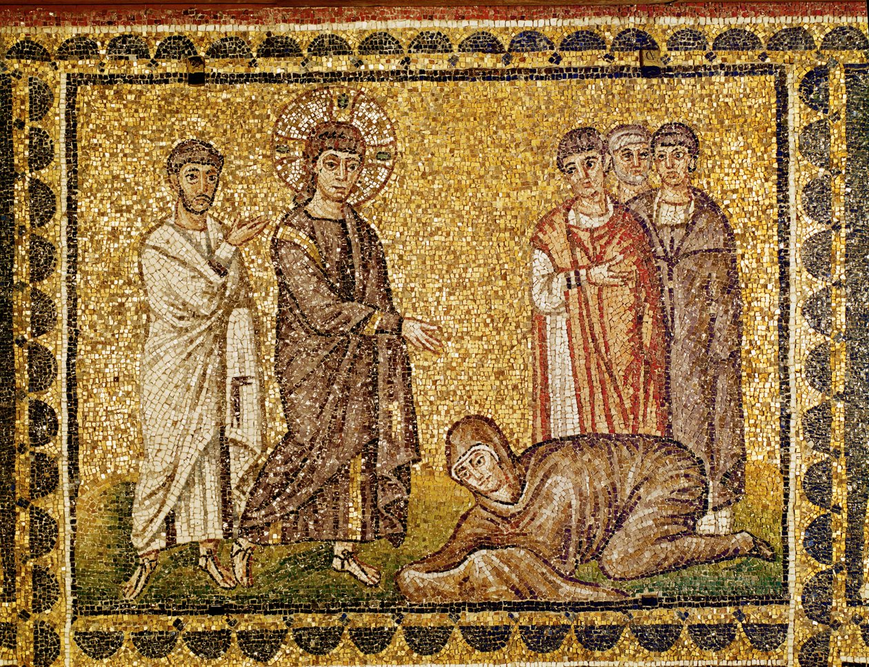 Jesus Heals the Haemophilic Woman in the Presence of an Apostle and Three Other Persons by Byzantine School