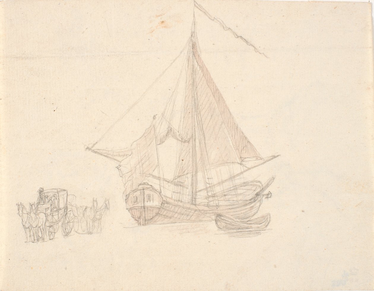 A Ship with Sails and a Pennant and a Dinghy. To the Left Two Horse-Drawn Carriages by C.A. Lorentzen