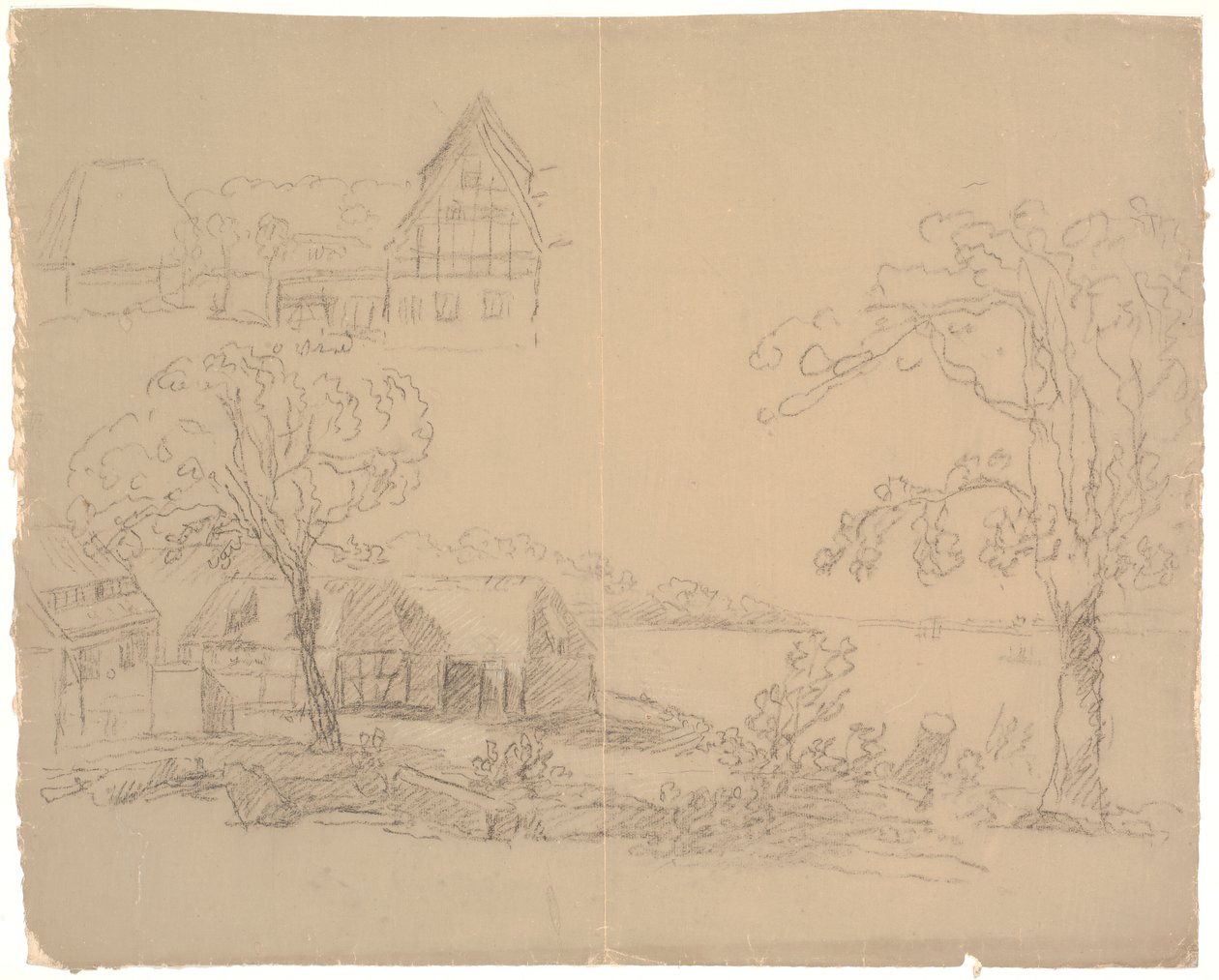 Landscape with farm by a lake. F.o.t.v. a farm by C.A. Lorentzen