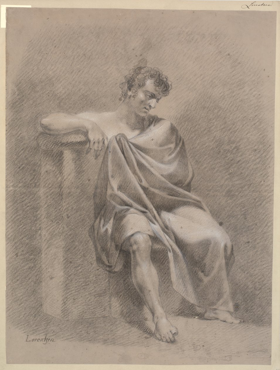 Seated Model in Drapery. Sitting on Low Plinth and Resting Right Arm on High Plinth by C.A. Lorentzen