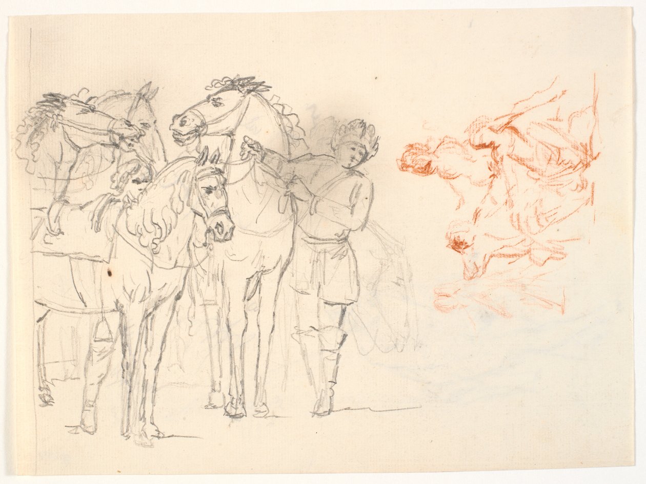 Two sketches. Left: a pencil sketch with horses and two men. Right: a red chalk sketch with a group of figures by C.A. Lorentzen