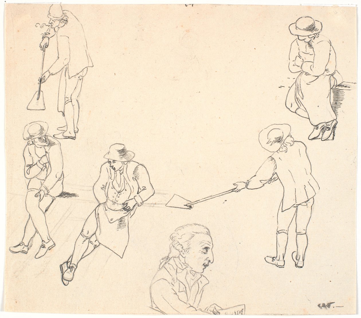 Sketch with Six Male Figures, Two with Shovels, Three Sitting, and a Male Profile by C.D. Fritzsch