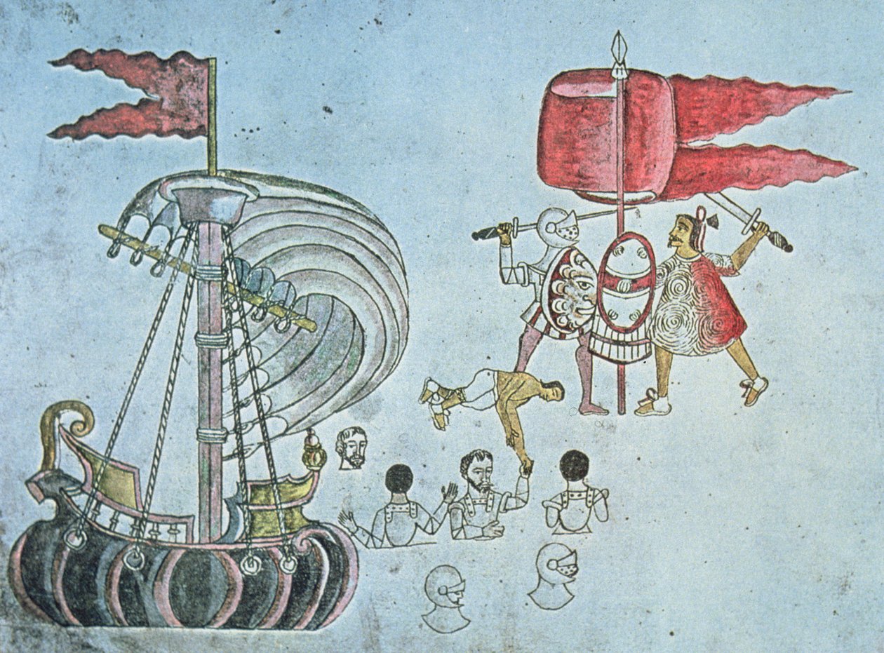 Spanish soldiers of Hernan Cortes wade ashore in 1519 to battle the Aztecs, copied from the Codex Azcatitlan, c.1550 by J.B. and Brown J. Rowbotham