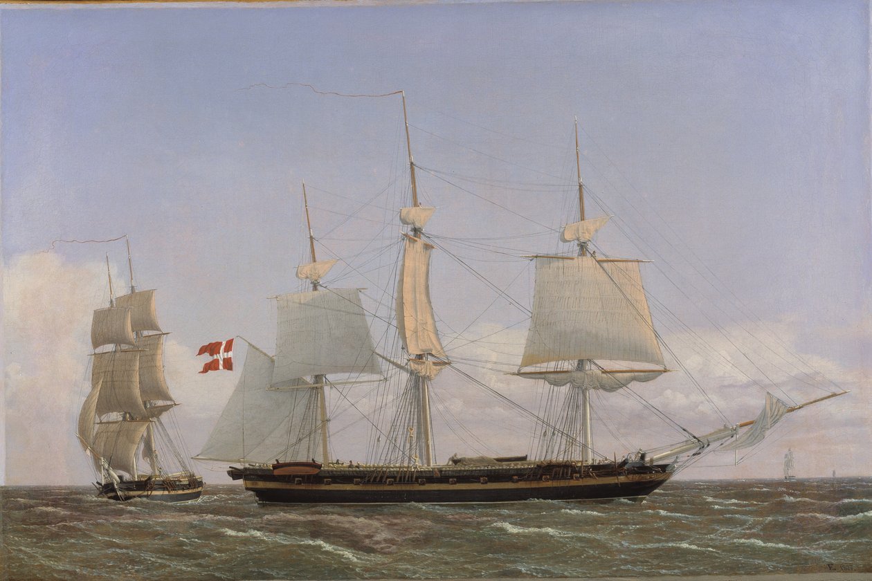 A Danish Corvette Laying to in Order to Confer with a Danish Brig: The Scene Being Set in West Indian Waters by Christoffer Wilhelm Eckersberg