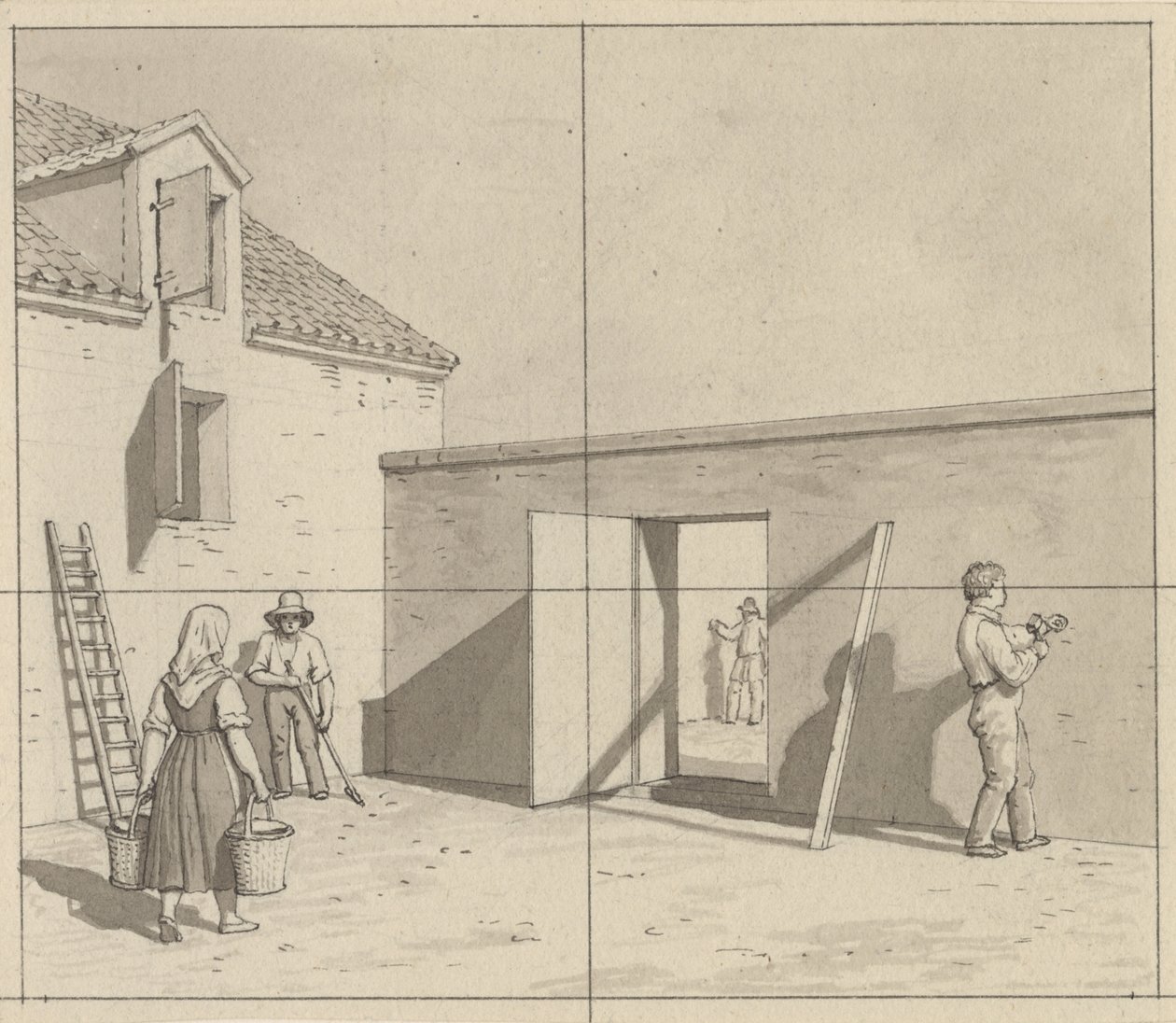 Linear Perspectives, Applied to Painting - Draft for Unused Illustration - Danish Courtyard with Four Farmers and Craftsmen by Christoffer Wilhelm Eckersberg