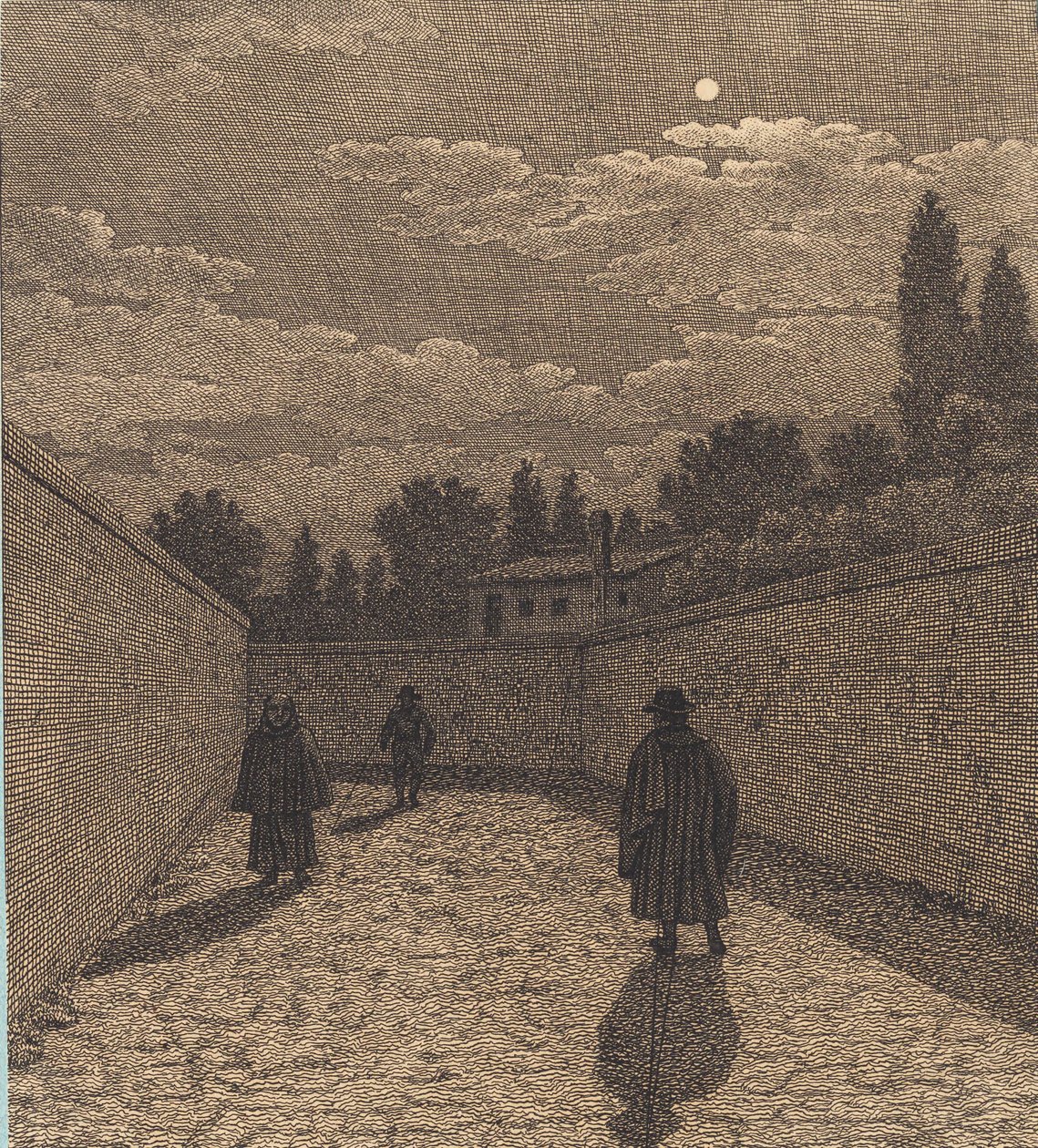 Moonlight over a Road with Three Figures. Illustration for "Linear Perspective", Plate IV by Christoffer Wilhelm Eckersberg