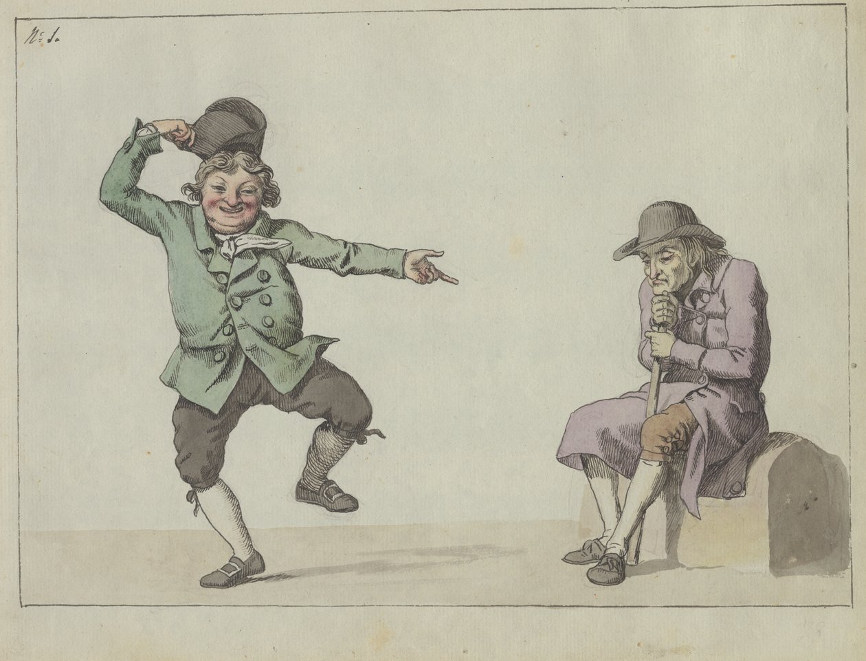 Satirical Sheet; A Man Jumps and Laughs While Pointing at a Seated Old Man by Christoffer Wilhelm Eckersberg