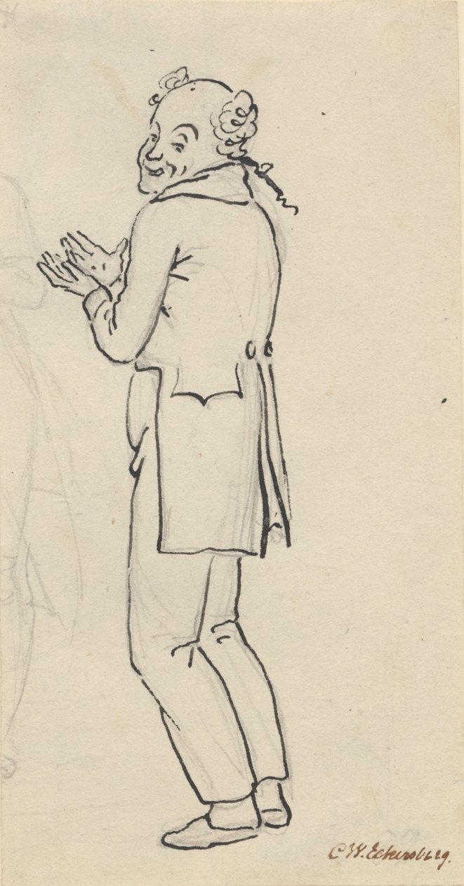 Satirical Sheet; A Smiling Man, Seen from the Side, with Both Hands in Front of the Chest, and Part of a Light Pencil Sketch [Cut Off] by Christoffer Wilhelm Eckersberg