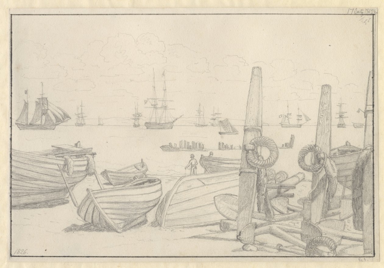 View from the Beach South of Helsingør towards the Guard Ship, the Brig "Falster" by Christoffer Wilhelm Eckersberg