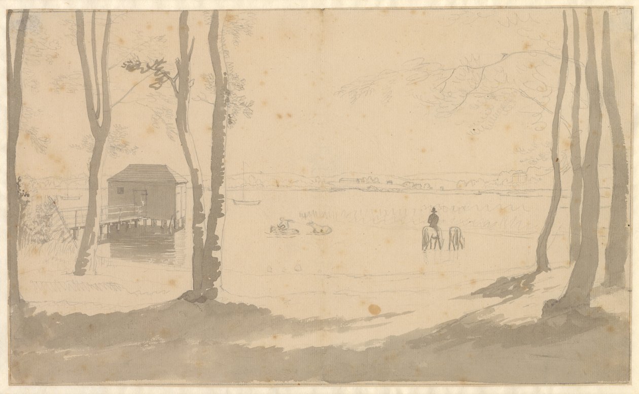 View Over a Lake, with a Bathhouse on the Left, Riders Watering Horses in the Middle, and Trees in the Foreground by Christoffer Wilhelm Eckersberg