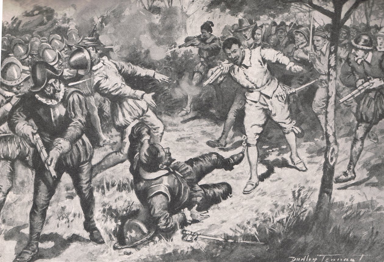 The Admiral, followed by his party, ran headlong at the Vera Cruz Guard, illustration from 