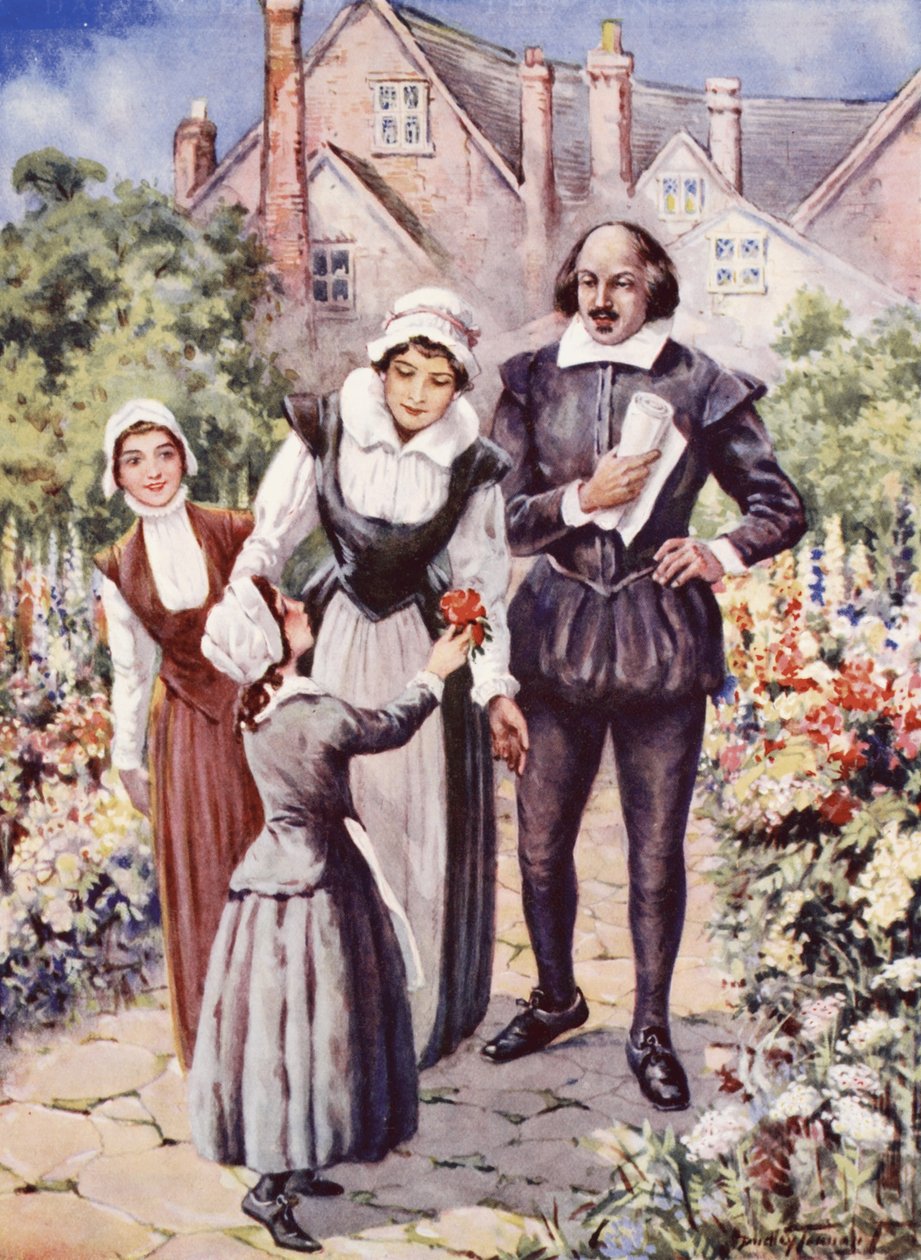 William Shakespeare, with his wife and two daughters, in the garden at New Place, Stratford-upon-Avon by C. Dudley Tennant