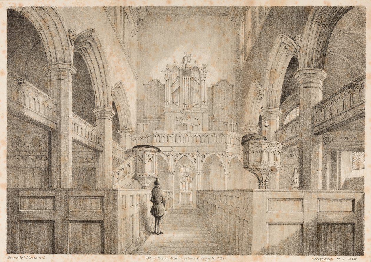 The Interior of St. Peters, Wolverhampton (engraved by I. Shaw, 1848) by C. J. Greenwood