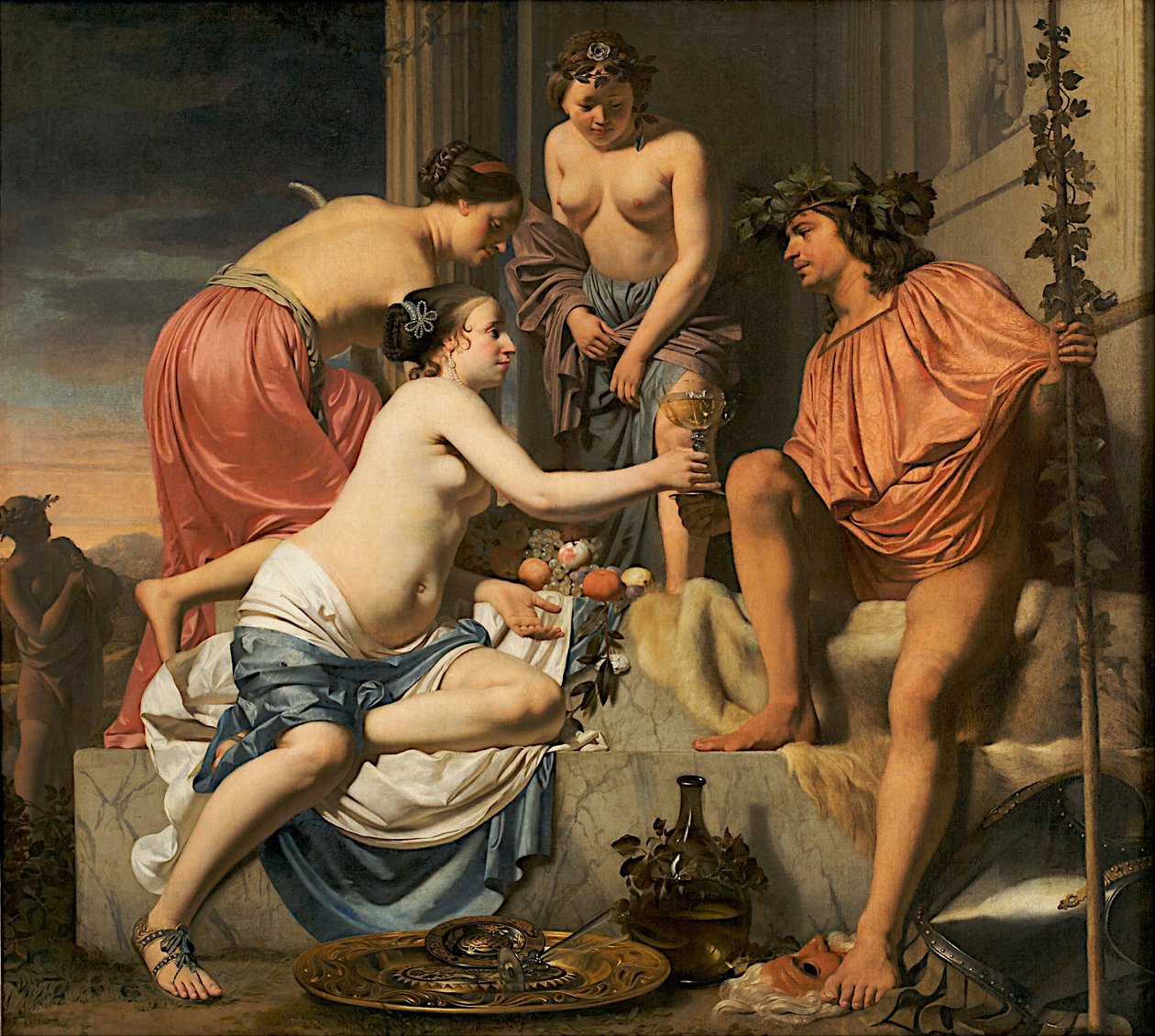 Bacchus on a Throne - Nymphs Offering Bacchus Wine and Fruit by Cesar Boetius van Everdingen