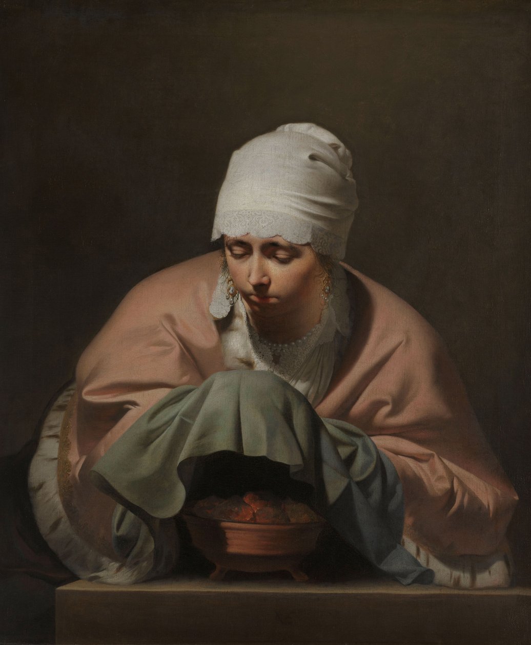 A Young Woman Warming Her Hands over a Brazier: Allegory of Winter by Caesar van Everdingen