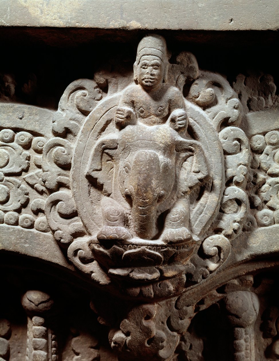 The god Indra in the center on Airavana and the Marut, the gods of the storm and the wind (Stone lintel, 600-650) by Cambodian